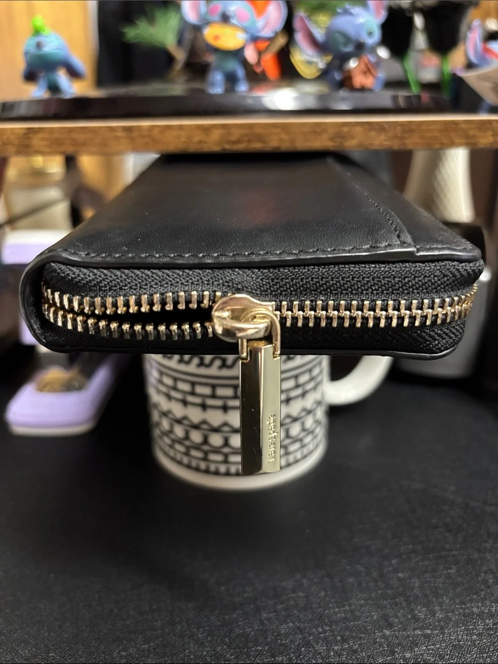 kate spade Black Wallet with Pink Beaded Elephant